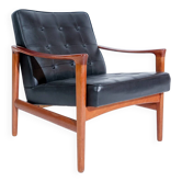 Vintage Scandinavian lounge chair by Bröderna Andersson, teak and black faux leather upholstery, 1950s-1960s.