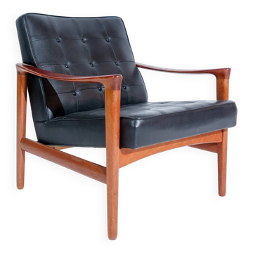 Fauteuil lounge scandinave vintage par Bröderna Andersson, teck et simili cuir noir capitonné, années 1950-1960