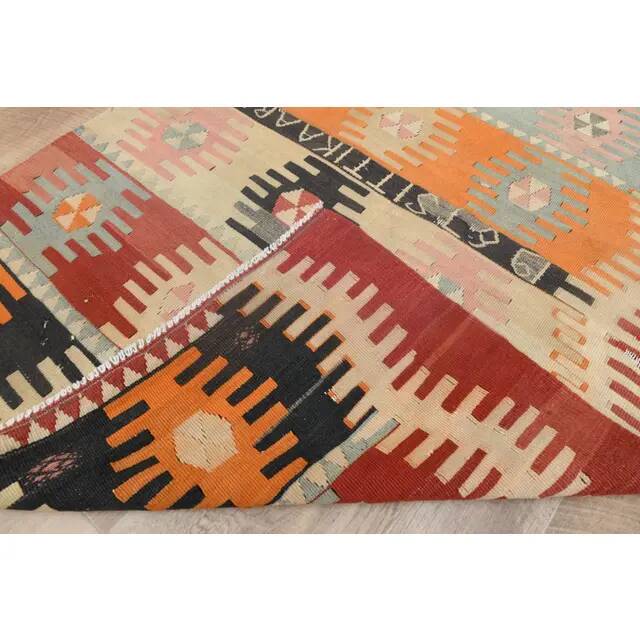 1970s Vintage Turkish Handmade Wool Cotton Orange Kilim Rug 97x295