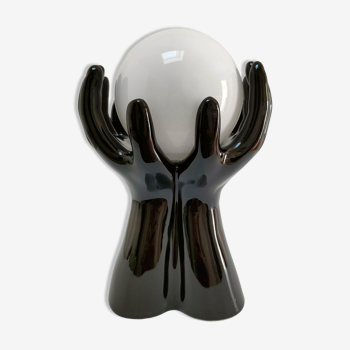 Lampe mains céramique noire et opaline design années 90