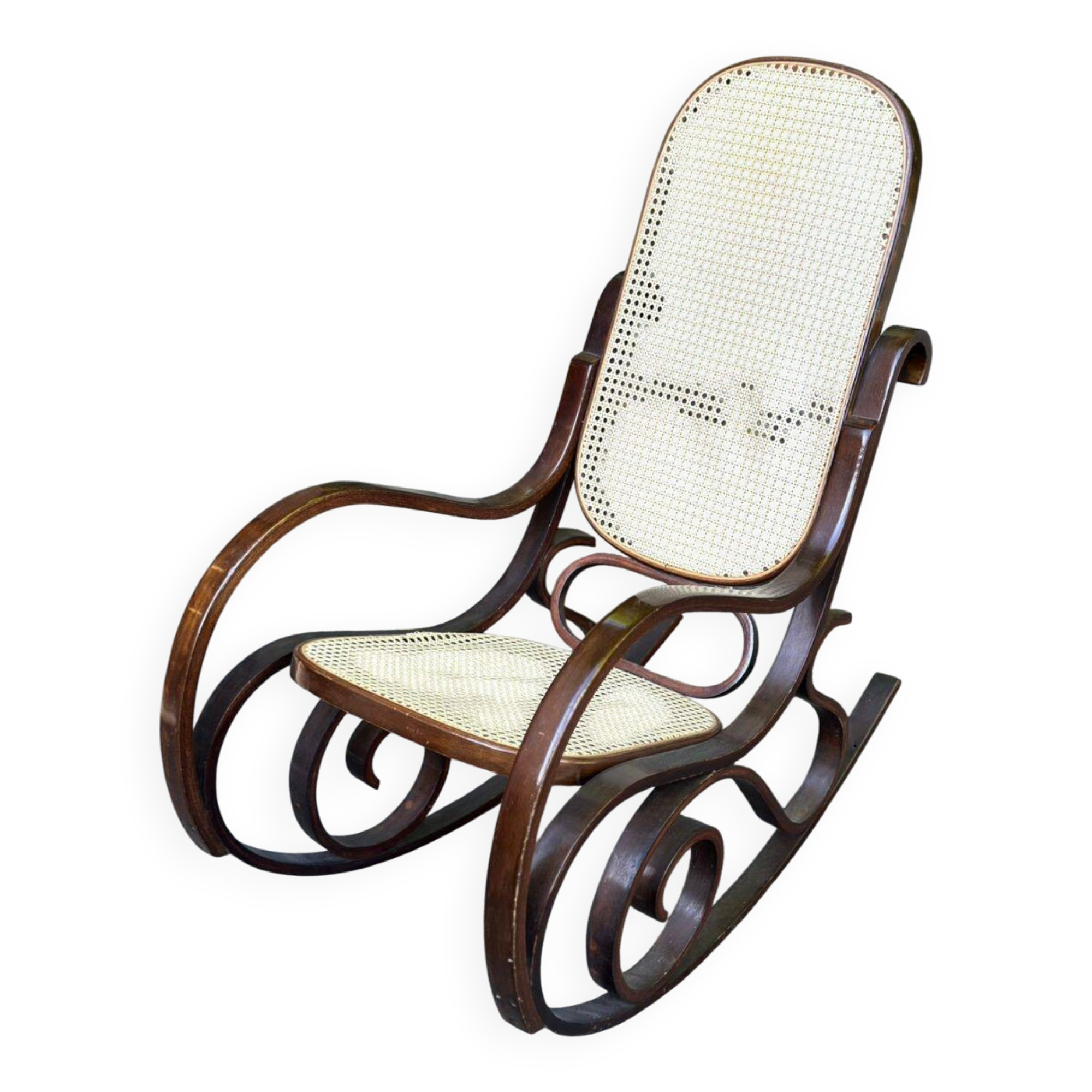 Rocking-chair vintage en bois massif courbé et cannée