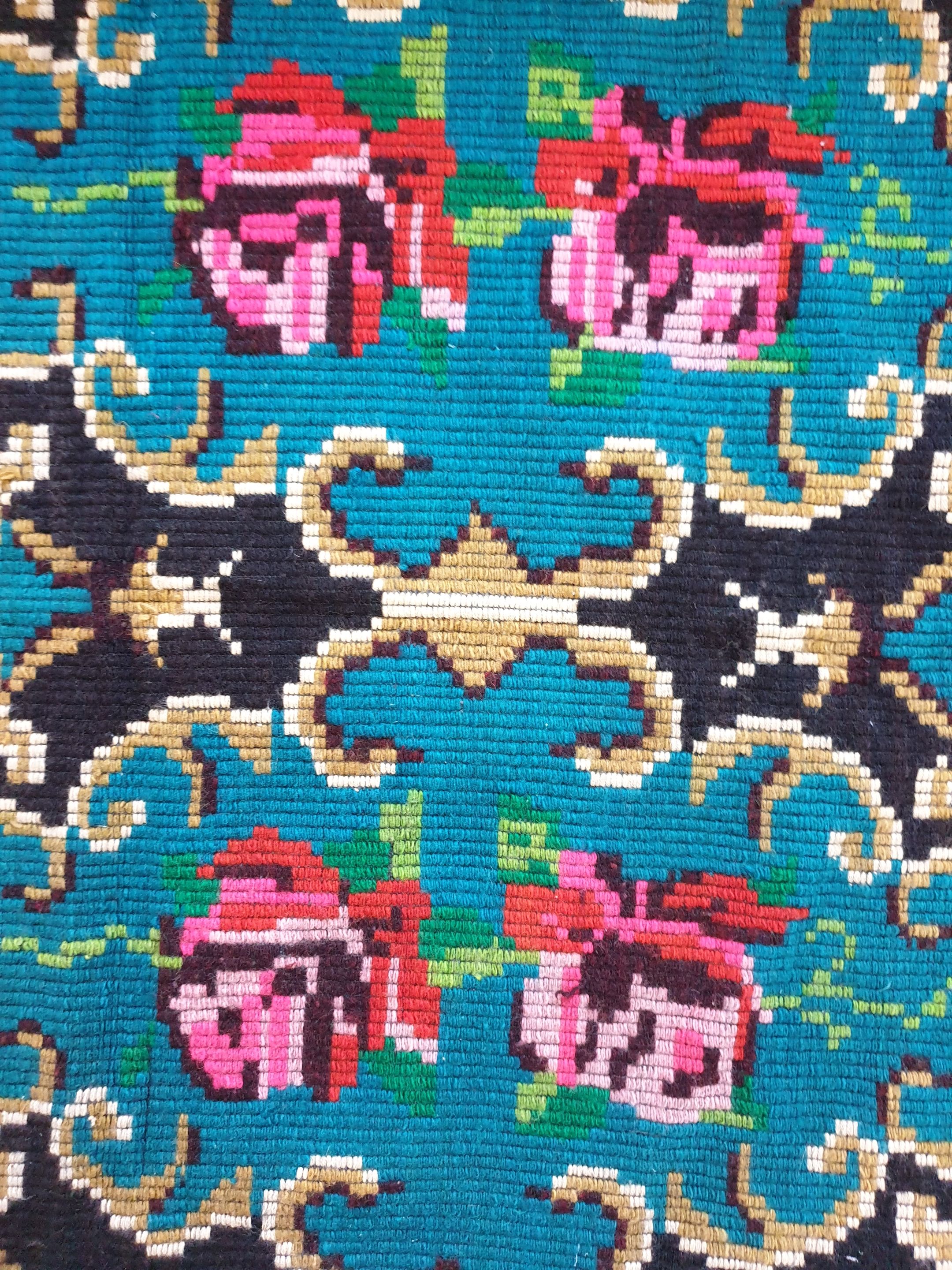 Bohemian blue handwoven carpet with roses made in Romania