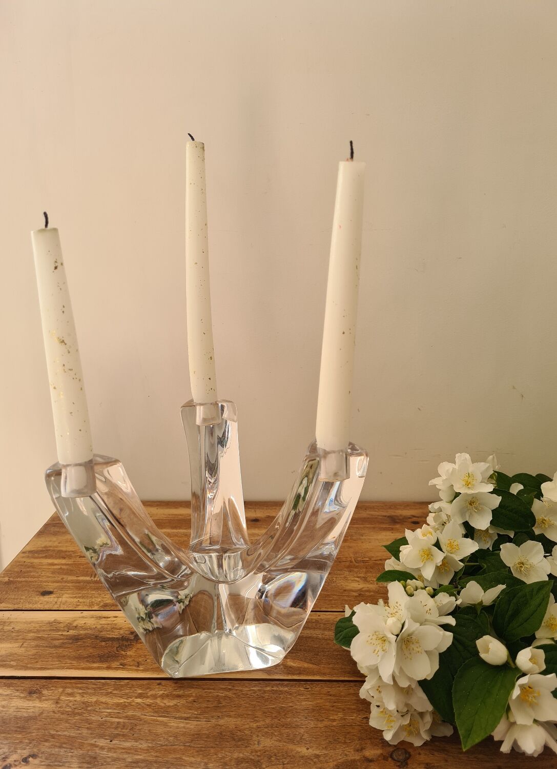Daum 3-branched crystal candle holder