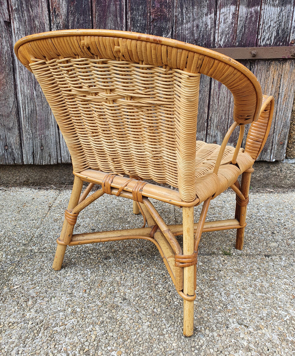 Colonial lounge armchair in rattan and bamboo, vintage, 60s