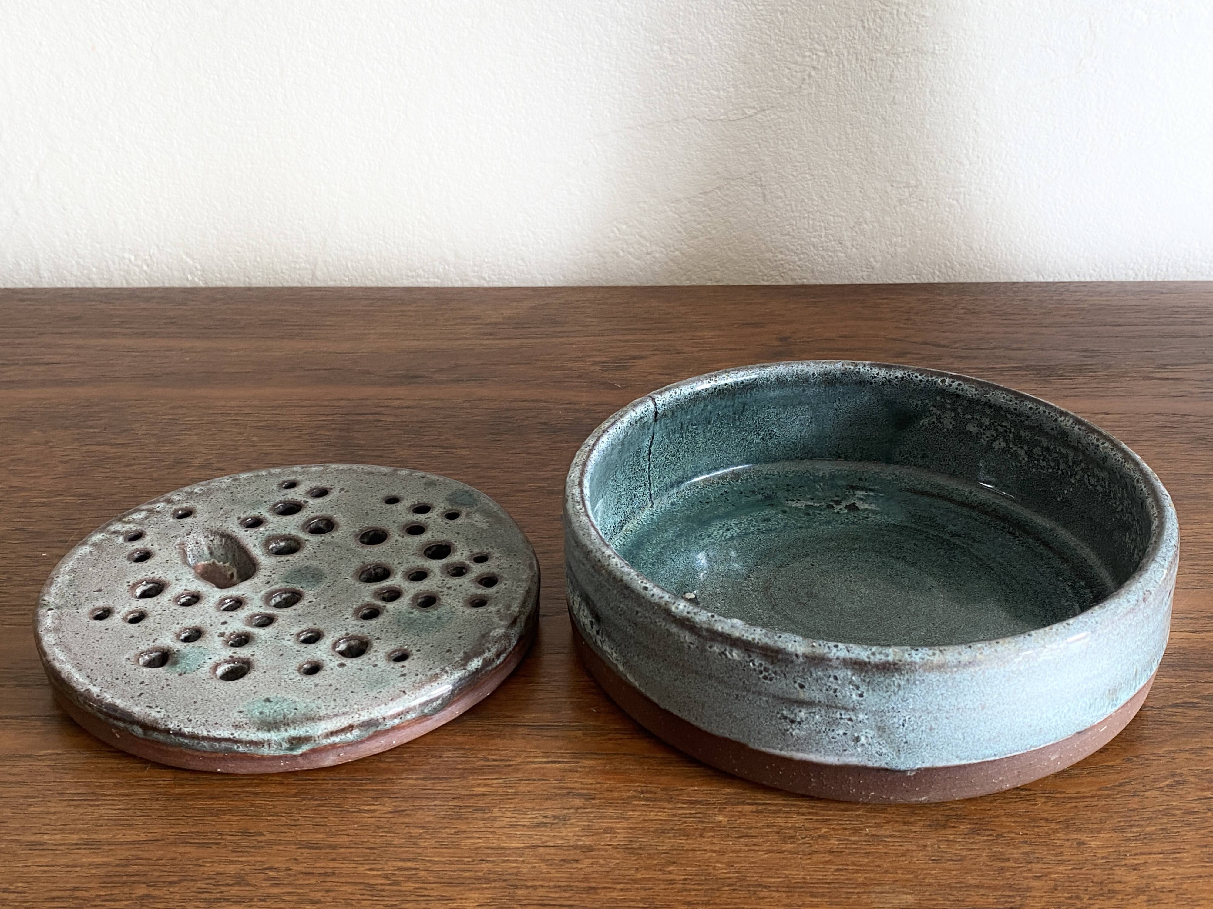 Vintage celadon blue glazed stoneware flower vase signed Pierlot at Ratilly