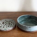 Vintage celadon blue glazed stoneware flower vase signed Pierlot at Ratilly