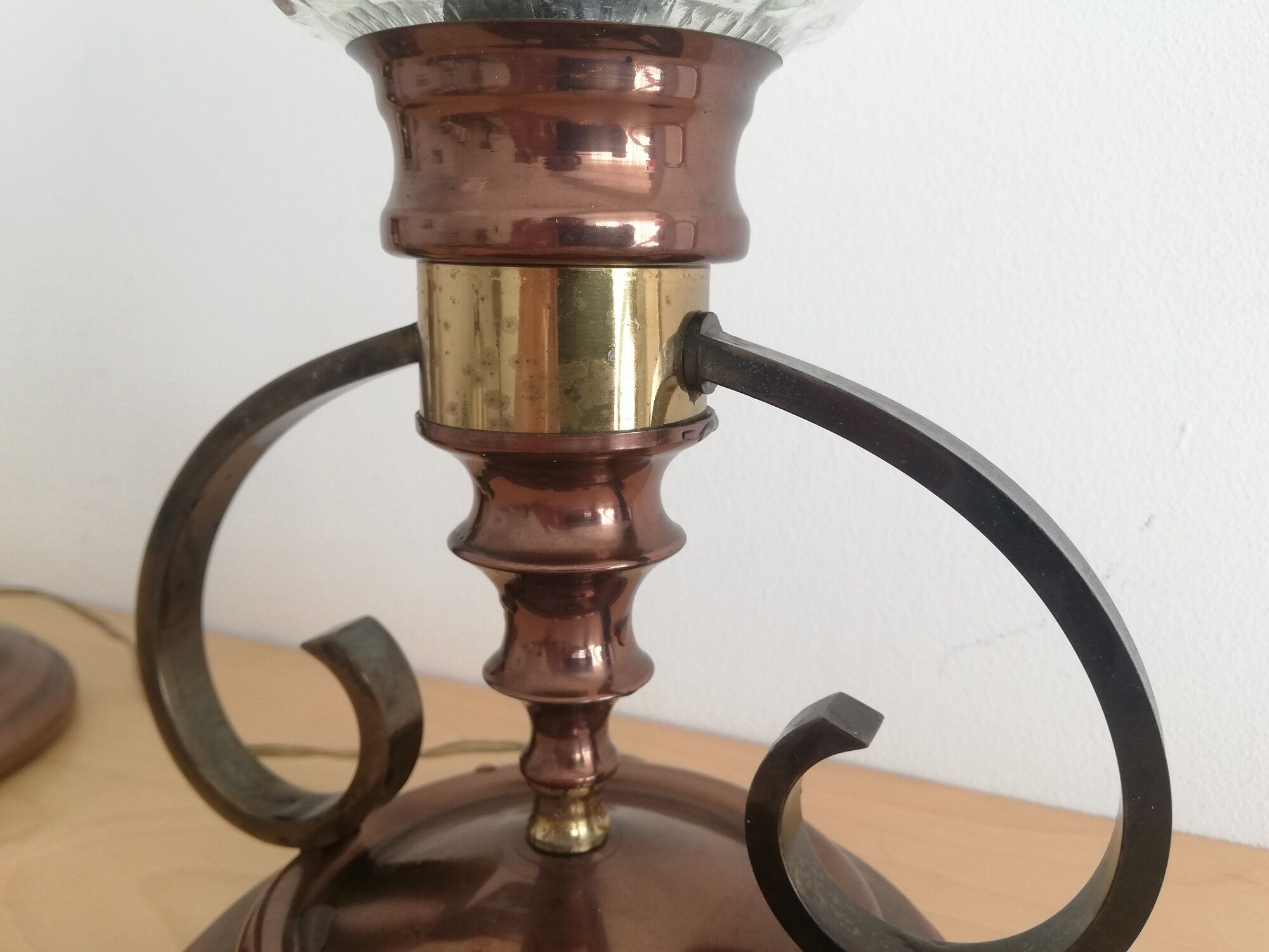 Pair of Ar Nouveau style copper and crystal table lamps vintage 1950s 50s