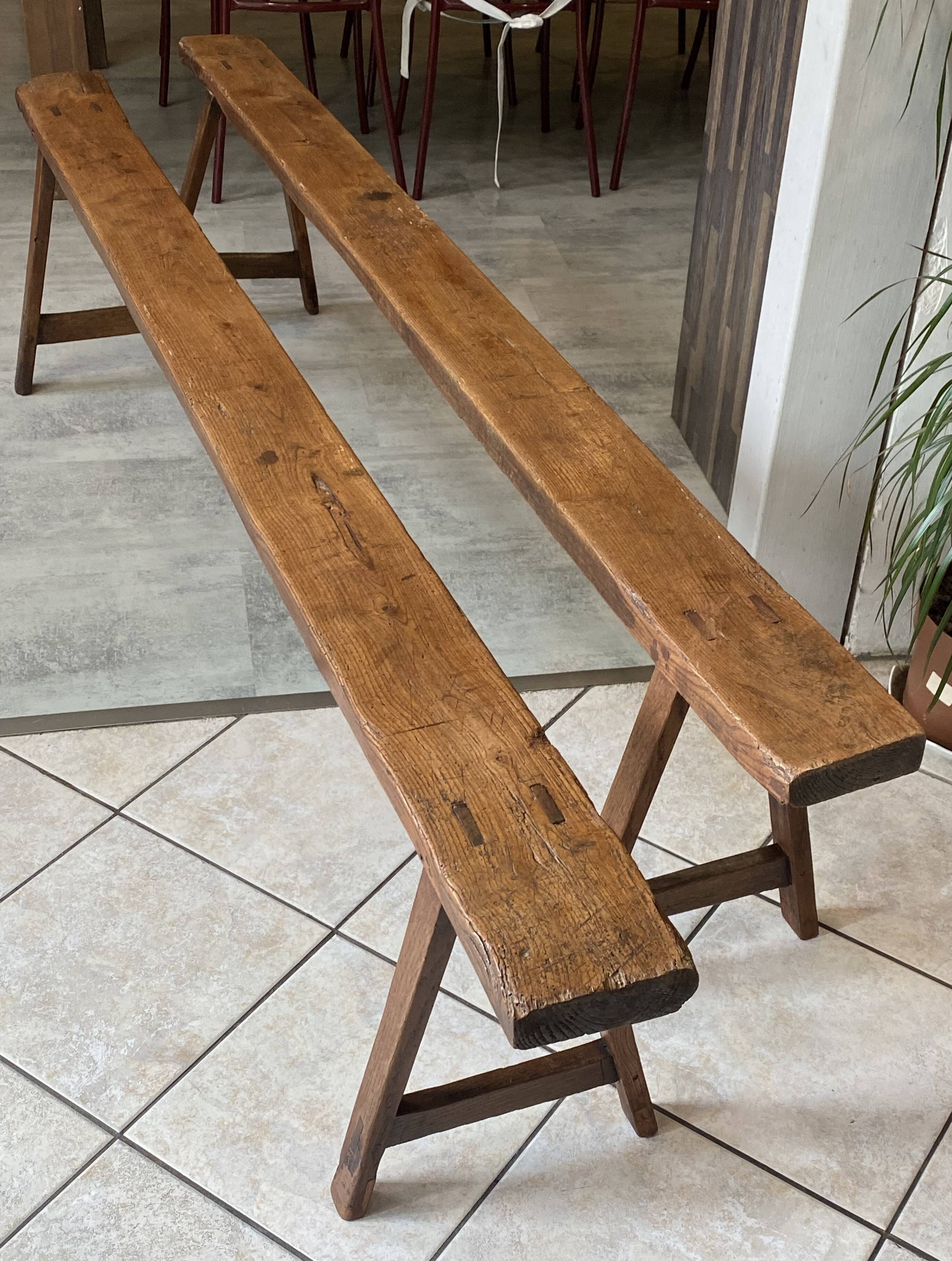 Pair of solid oak farmhouse benches 214cm for rustic table 1950