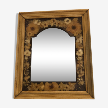 Miroir ancien bois résine et fleurs séchées 29x35cm