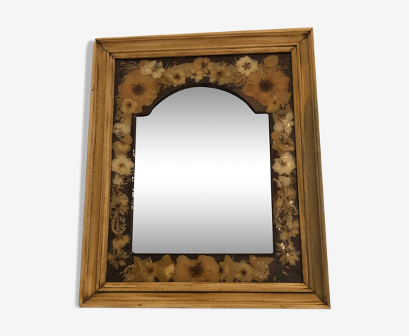 Miroir ancien bois résine et fleurs séchées 29x35cm