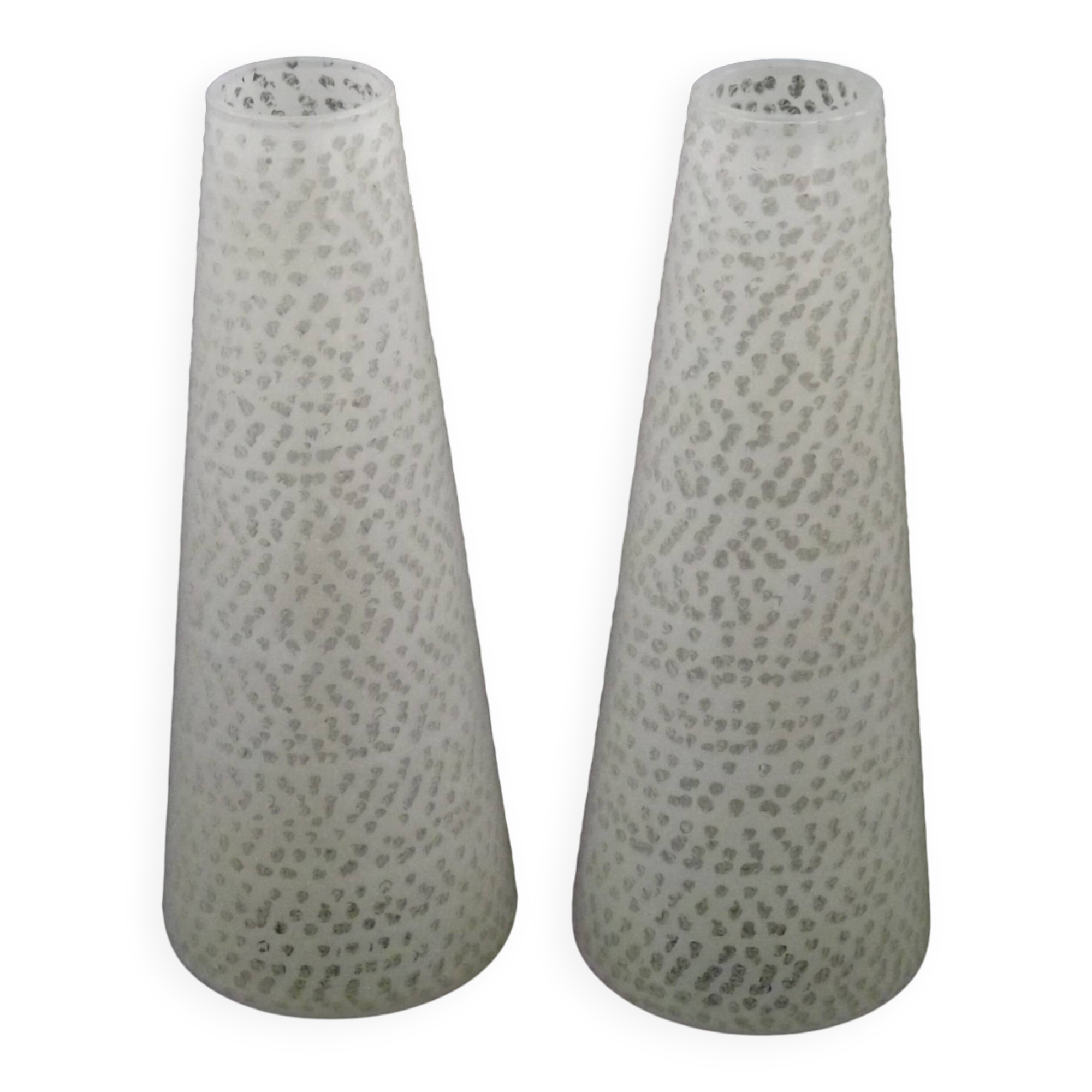 Pair of French vintage retro white opaque patterned glass replacement shades.