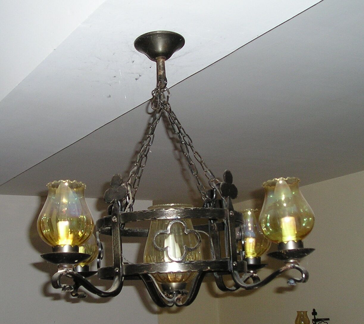 Chandelier and its 2 wrought iron sconces 1960