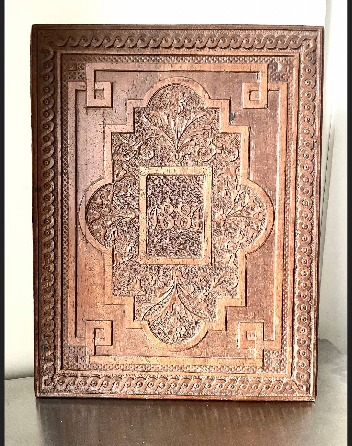 Antique  1881 Carved on solid wood Panel  Relief