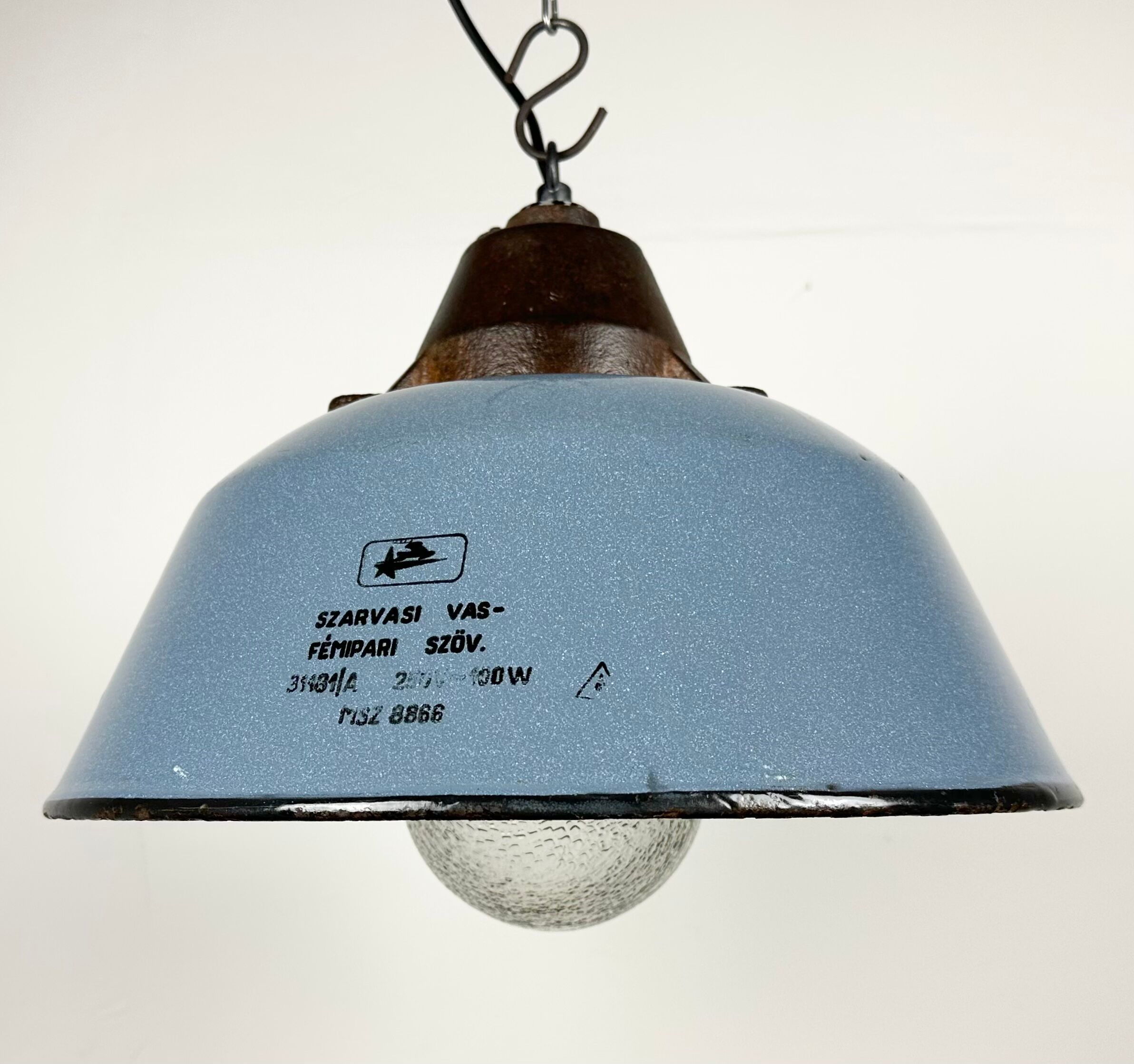 Industrial Grey Enamel and Cast Iron Pendant Light with Glass Cover, 1960s