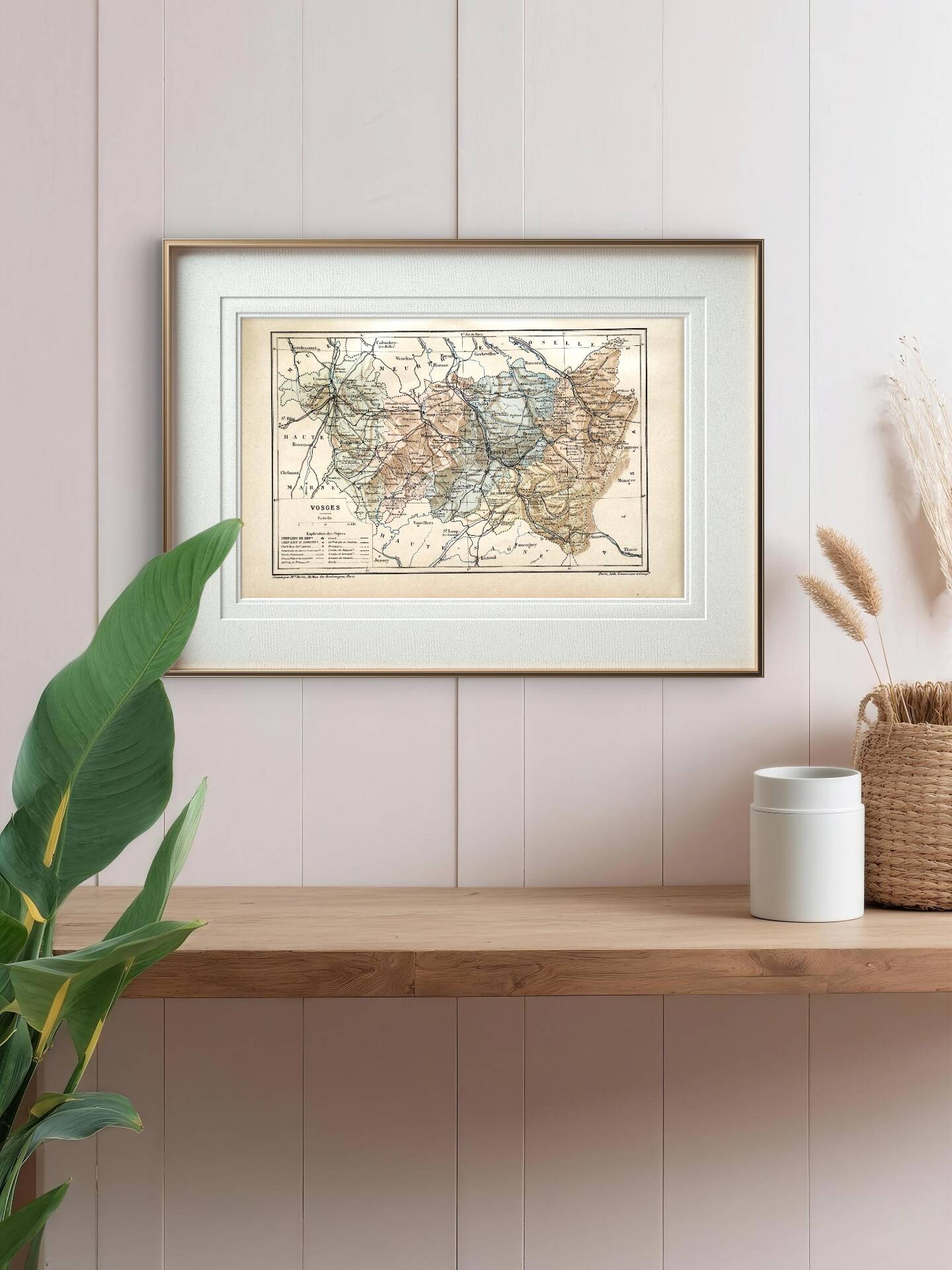 Map of the Vosges, France. Printed antiquity in 1889.