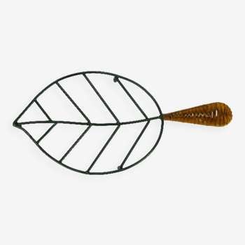 Danish modern leaf-shaped coaster metal and leather 1950s 60s