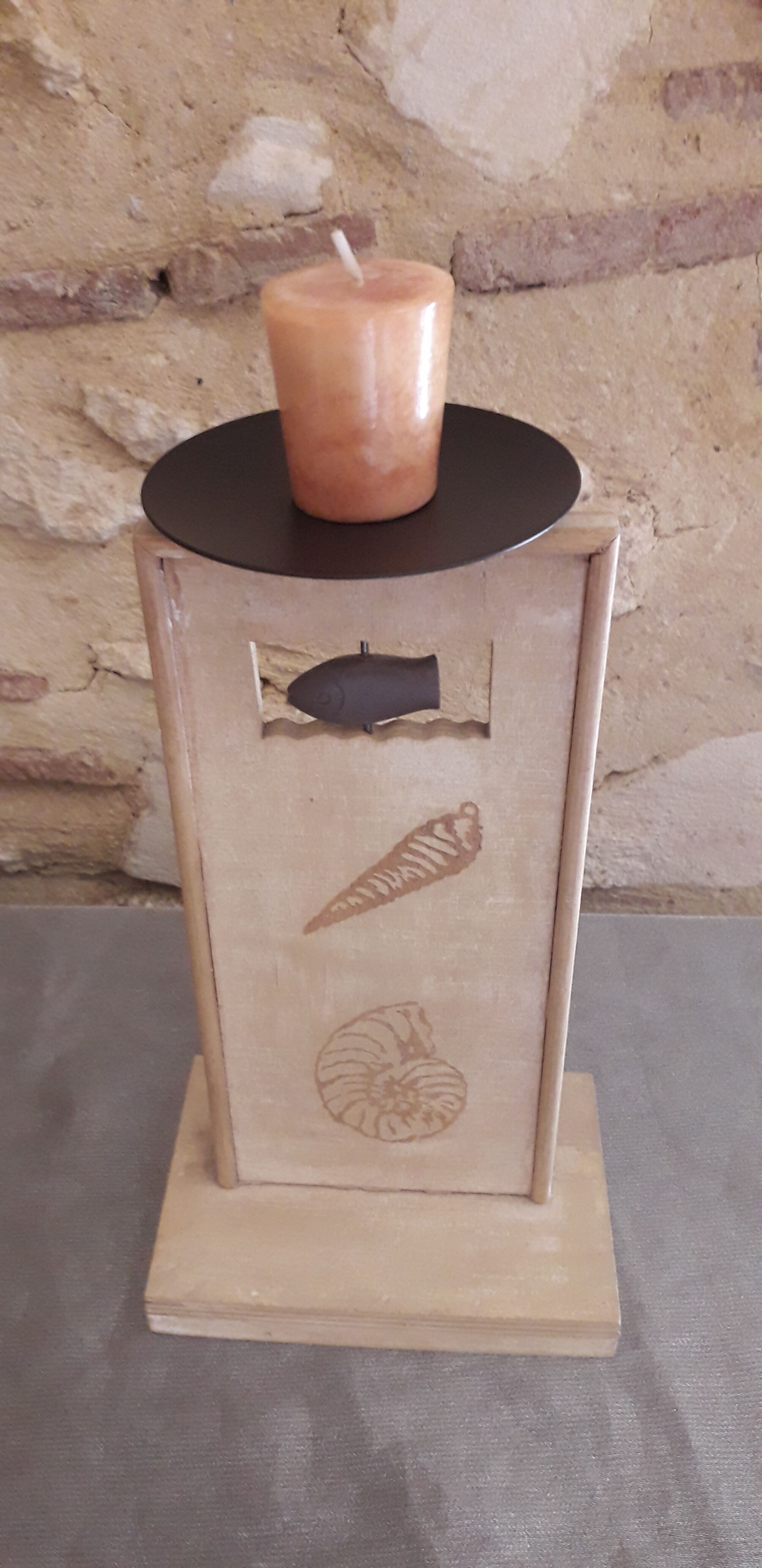 Patinated wooden candle holder, engraved with metal cup, sea decoration