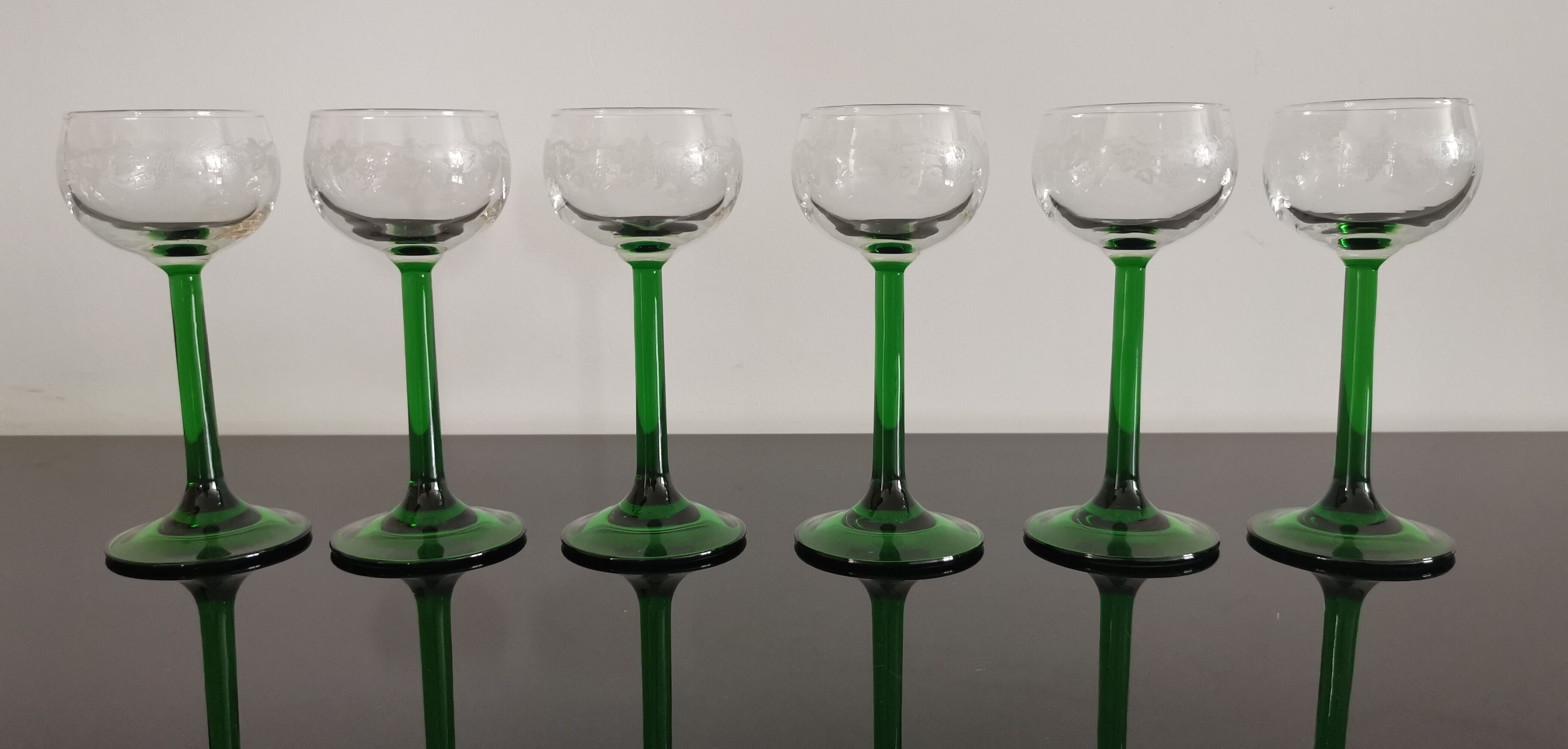 Vintage Alsace wine glasses with green feet decorations Bunches of Grapes and Vines HJ