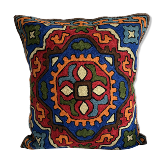 Hand embroidered ethnic wool cushion cover 40x40 cm