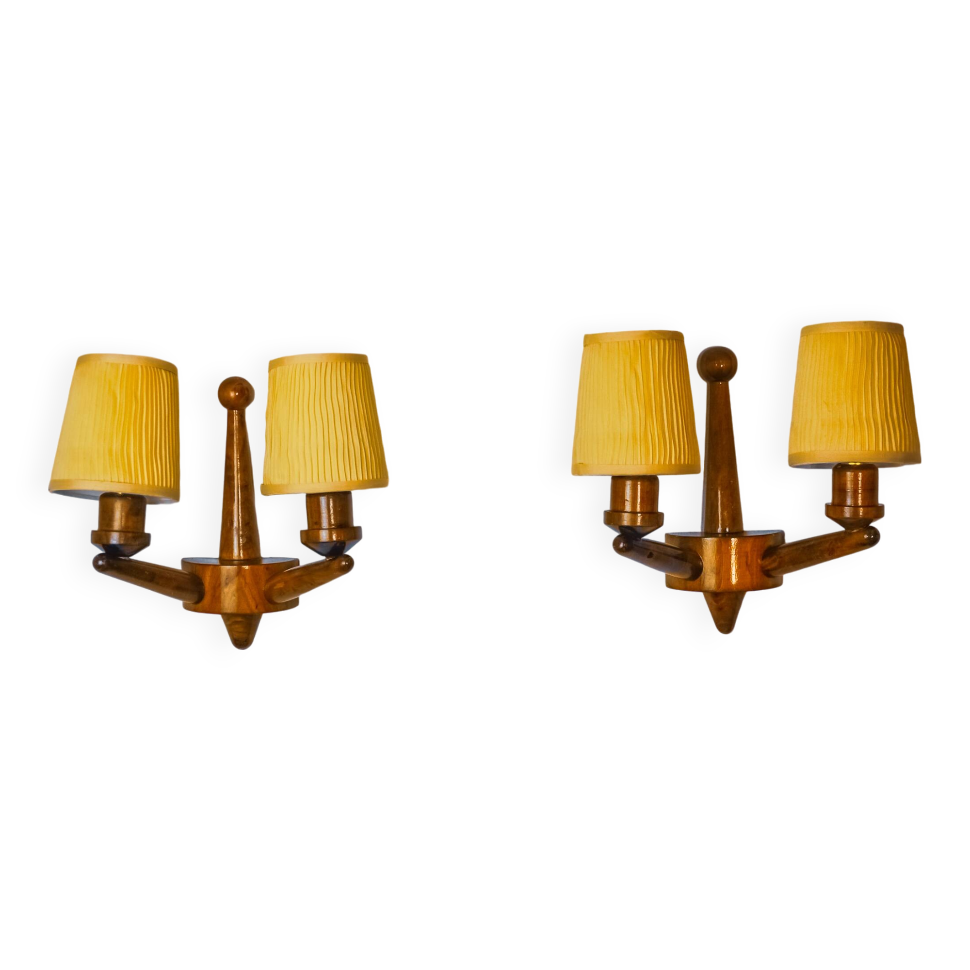 Pair of two-armed art deco "ball" wall lights, carved wood, France, 1960