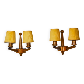 Pair of two-armed art deco "ball" wall lights, carved wood, France, 1960