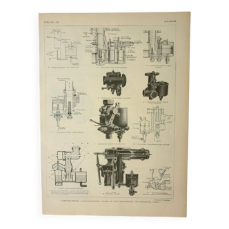 Gravure ancienne 1922, Moteur, carburateur fonctionnement • Lithographie, Planche originale