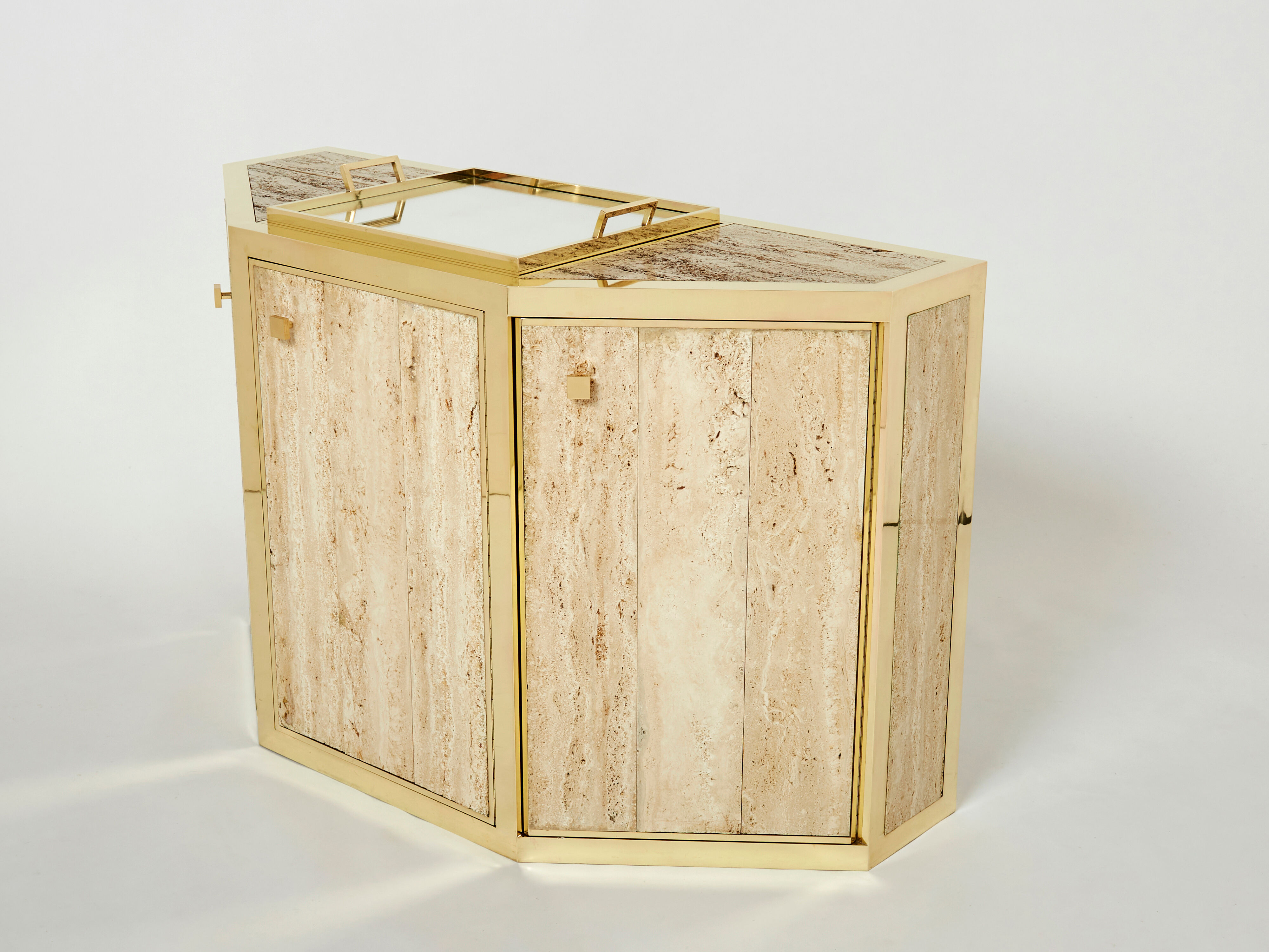 Pair of travertine brass cabinets by Alfredo Freda 1975