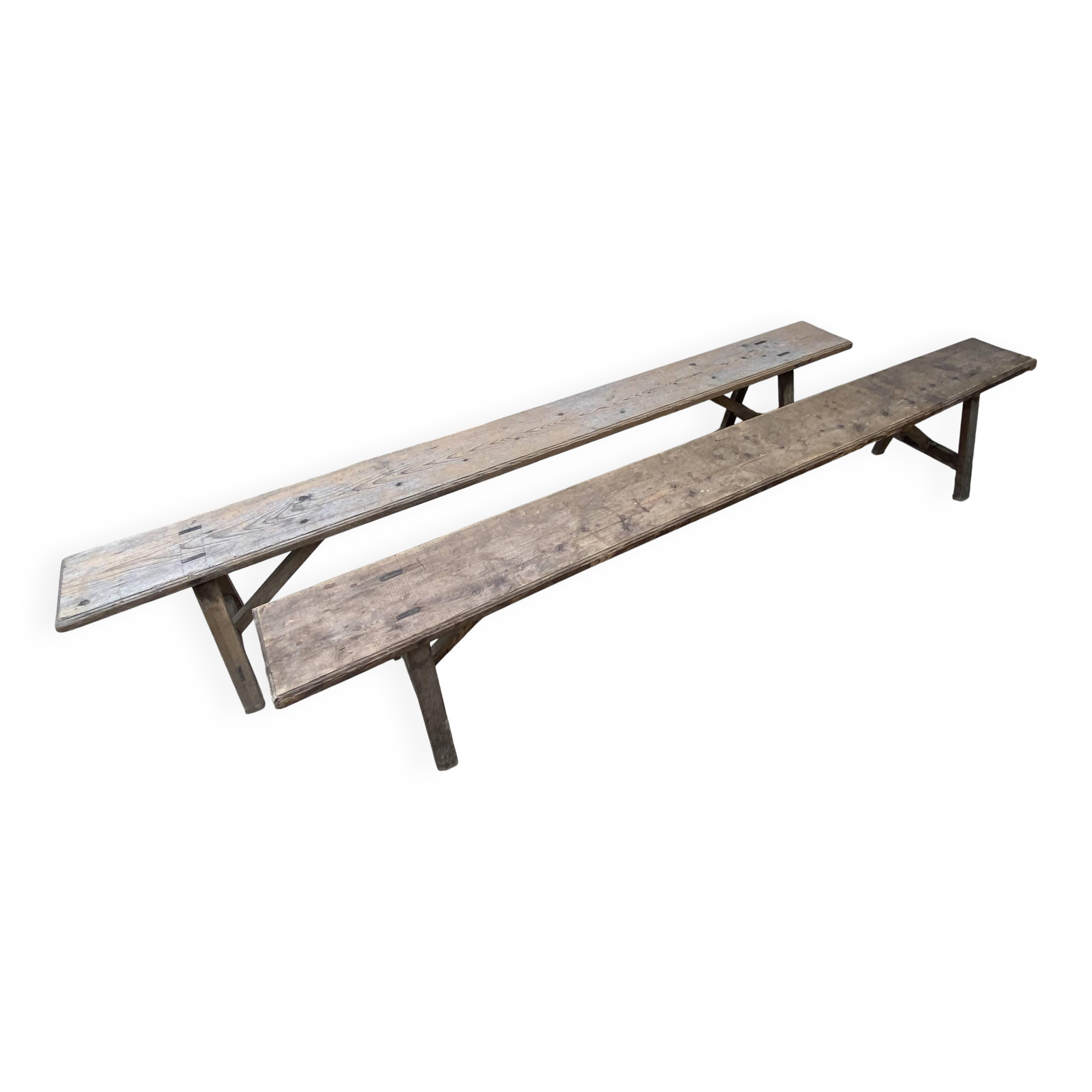Pair of solid wood farmhouse benches 220cm for rustic farmhouse table.