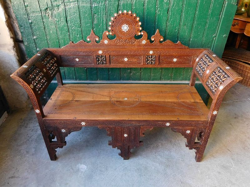 Old syrian wooden bench and mother-of-pearl inlay