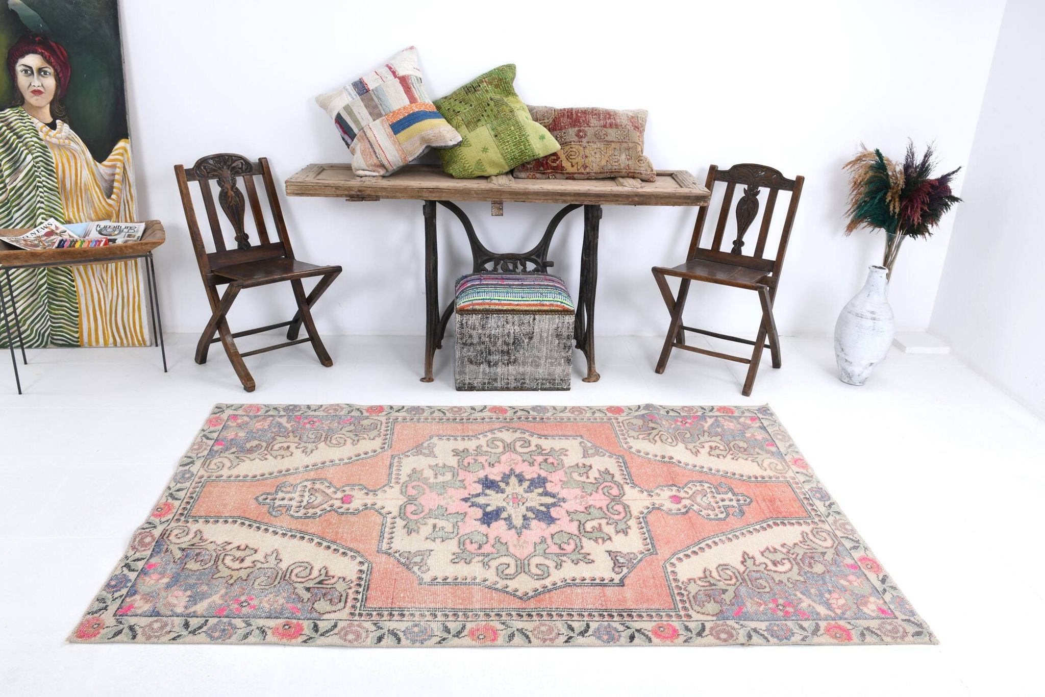 4x7 Pale Orange & Beige Oriental Wool Turkish Vintage Rug, 127x210Cm SK 6787