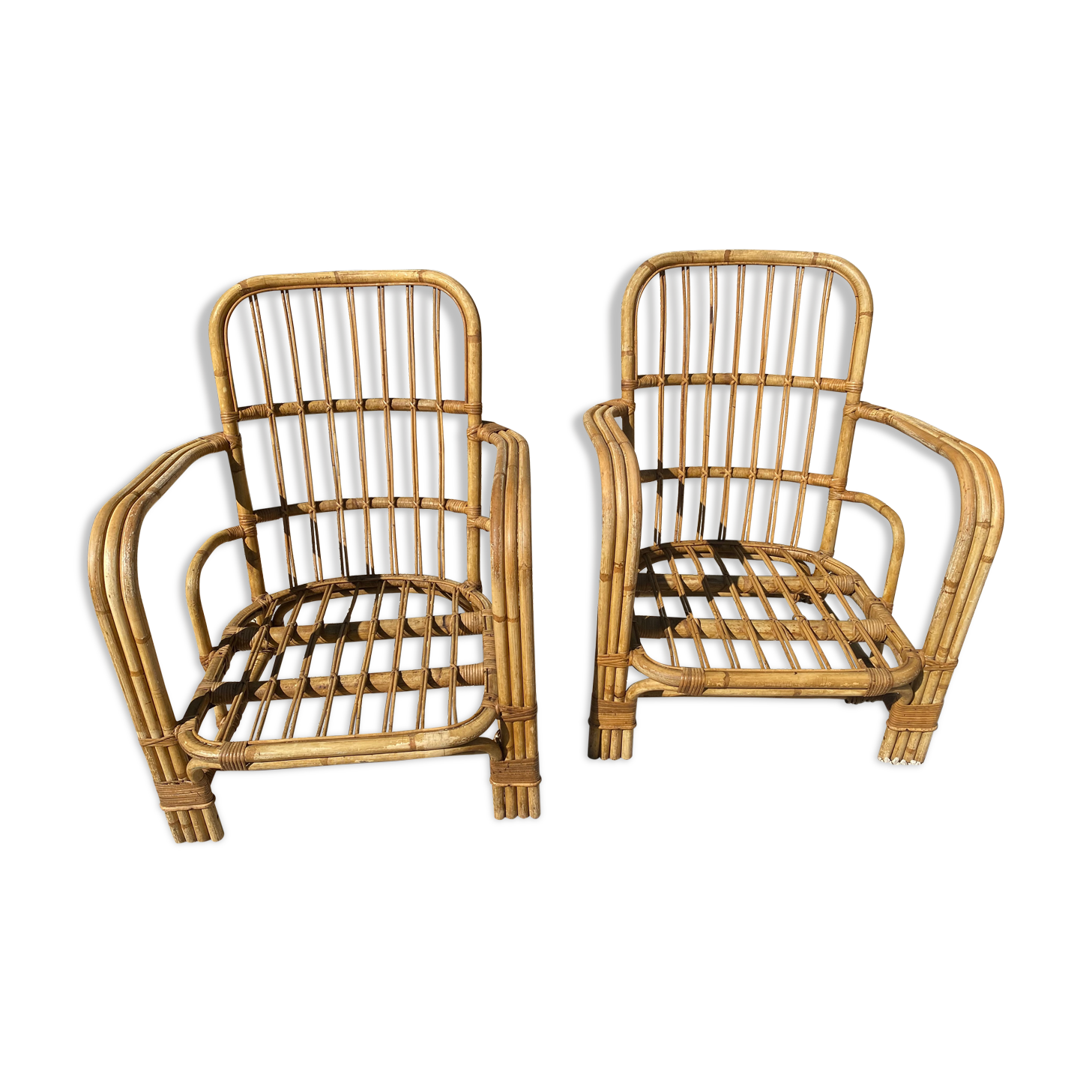 Pair of bamboo and rattan armchairs