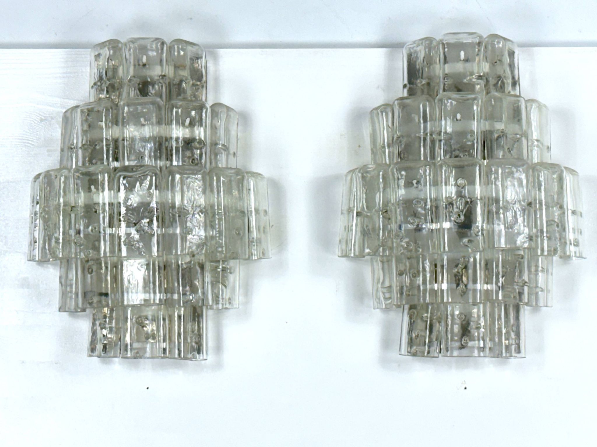Pair of XL clear murano glass elements wall lamps produced in Italy during the 70s. Attributable to
