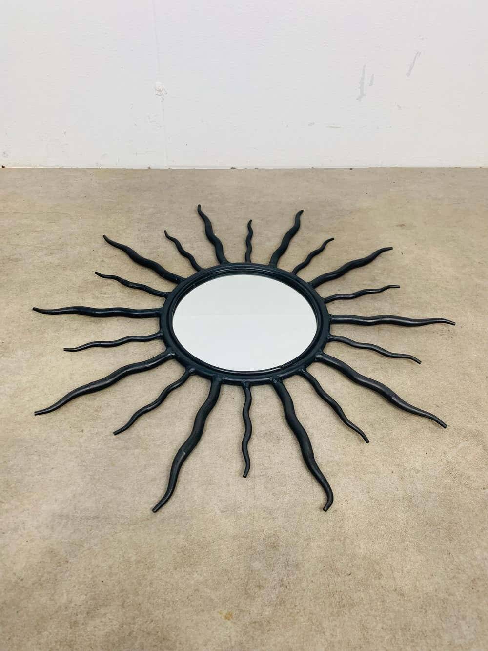 Sun mirror, wrought iron, brutalist design, 1970s.
