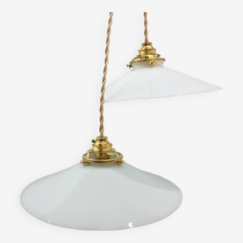 Series of two vintage pendant lights in white opaline