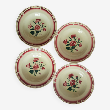 Set de 4 assiettes creuses décor floral bordeaux FB Badonviller vintage