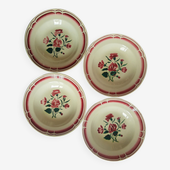 Set of 4 hollow plates floral decoration burgundy FB Badonviller vintage
