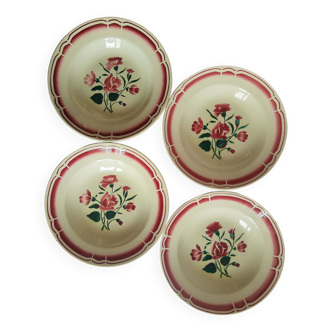 Set de 4 assiettes creuses décor floral bordeaux FB Badonviller vintage