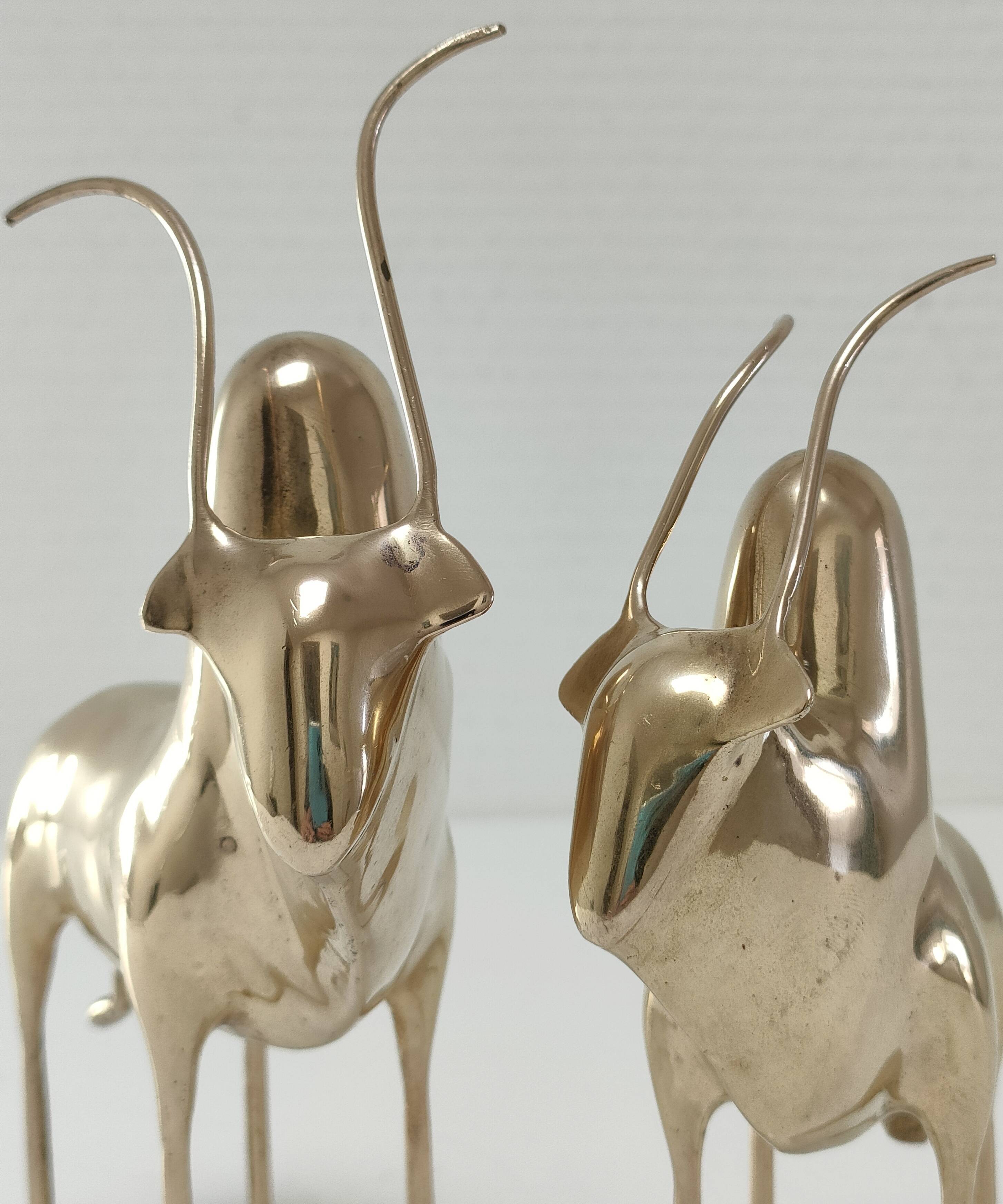 Two stylized zebu with long vintage brass horns