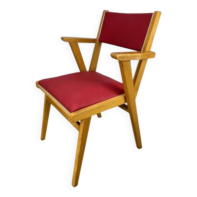Fauteuil bridge années 50, bois et simili cuir rouge