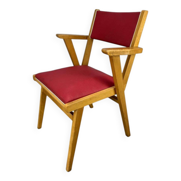 Fauteuil bridge années 50, bois et simili cuir rouge