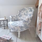 Fauteuil crapaud toile de Jouy bleu