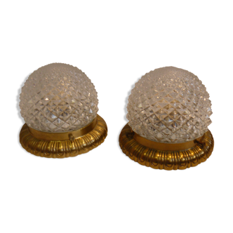Paire de plafonniers verre et laiton