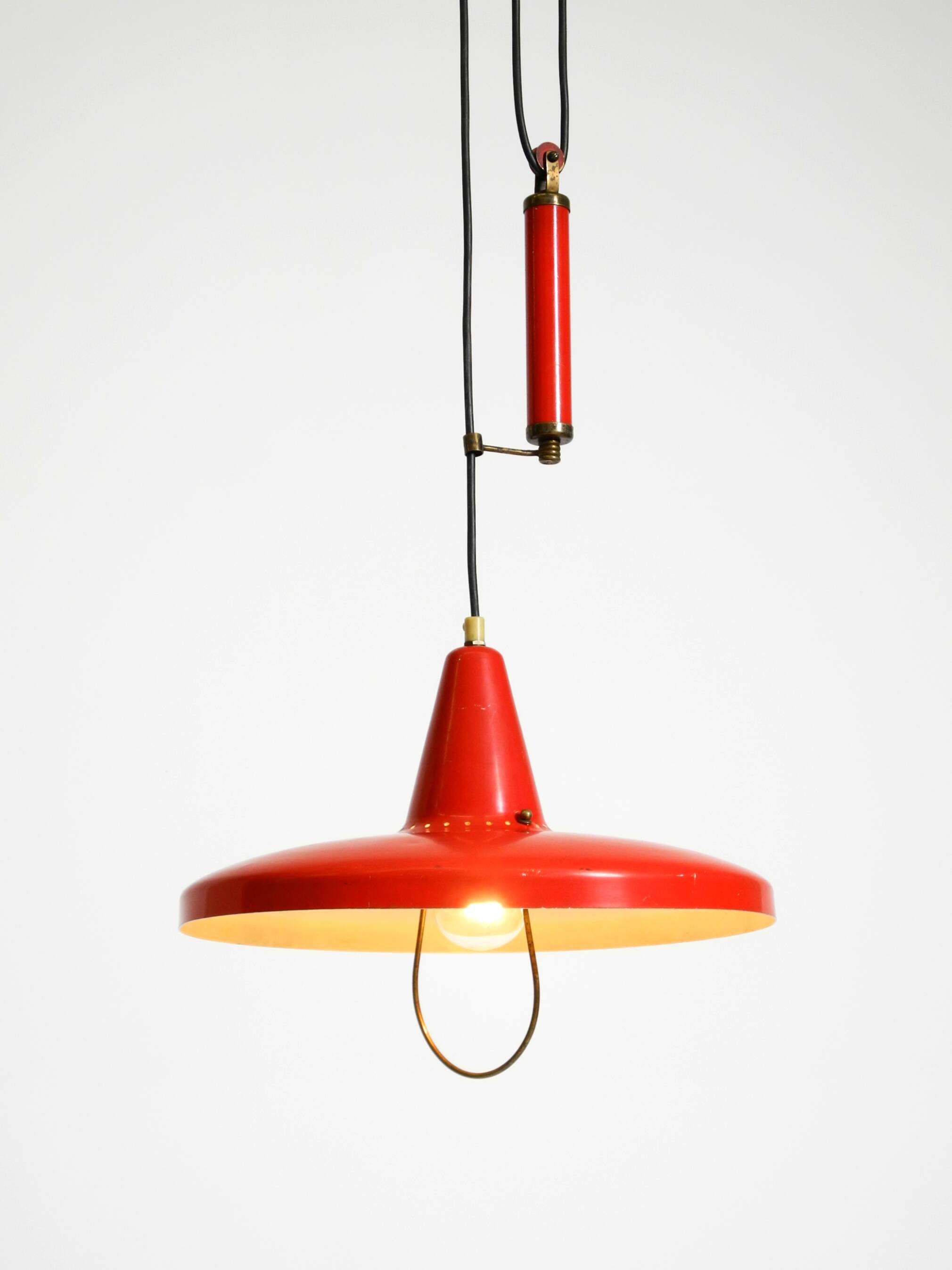 Mid-Century Modern red aluminum pendant lamp, height adjustable, Italy