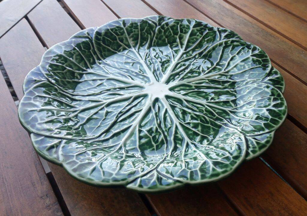 Majolica Cabbage Dish Leaf Green Ceramic Plate Portugal Vintage