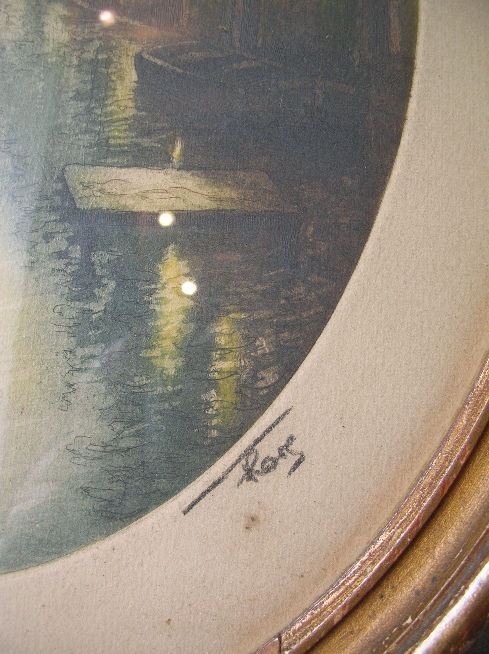 Old pair of lithographs house at the edge of the water signed wooden medallion frame