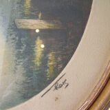 Old pair of lithographs house at the edge of the water signed wooden medallion frame