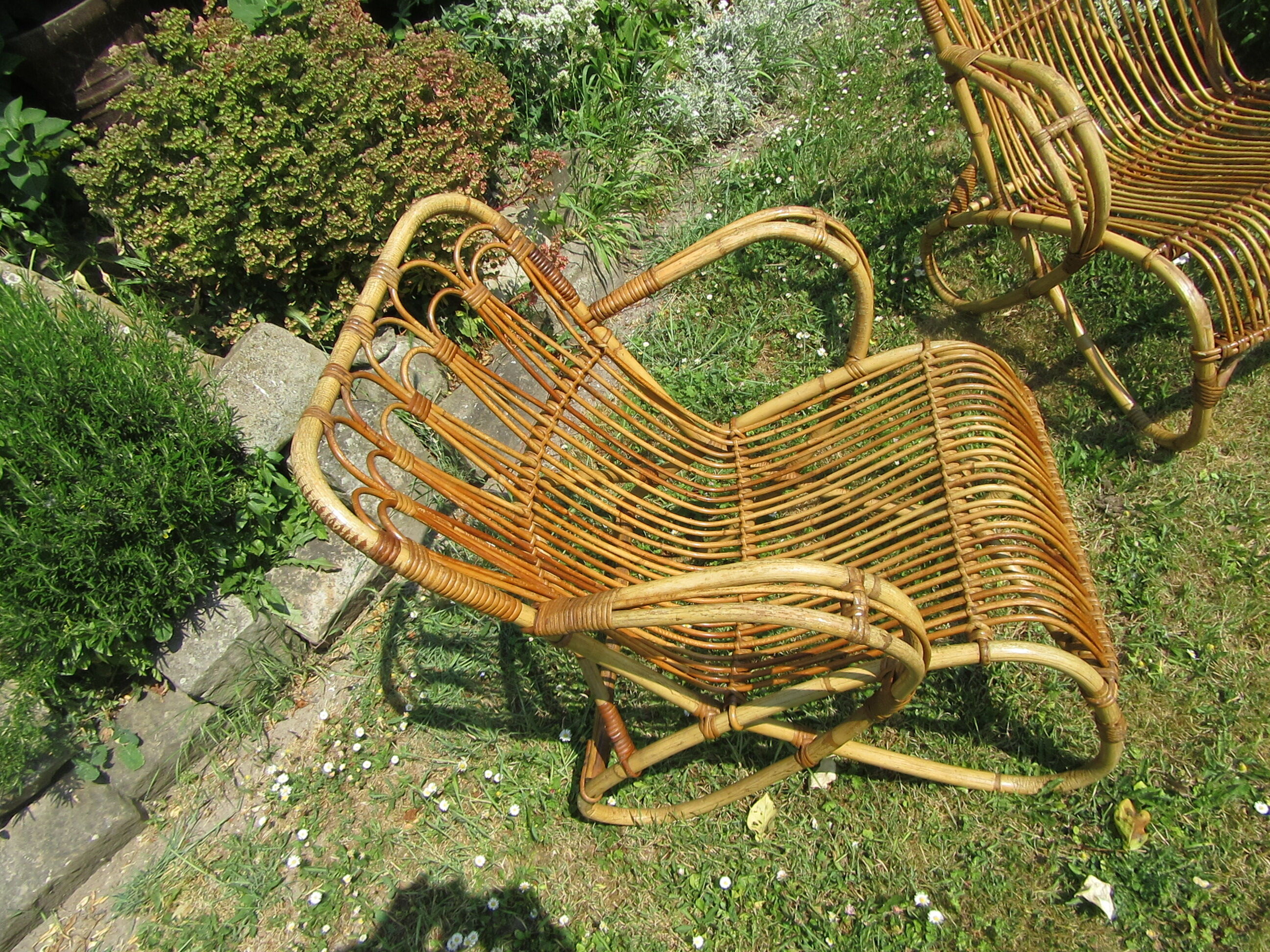 Pair vintage rattan armchairs