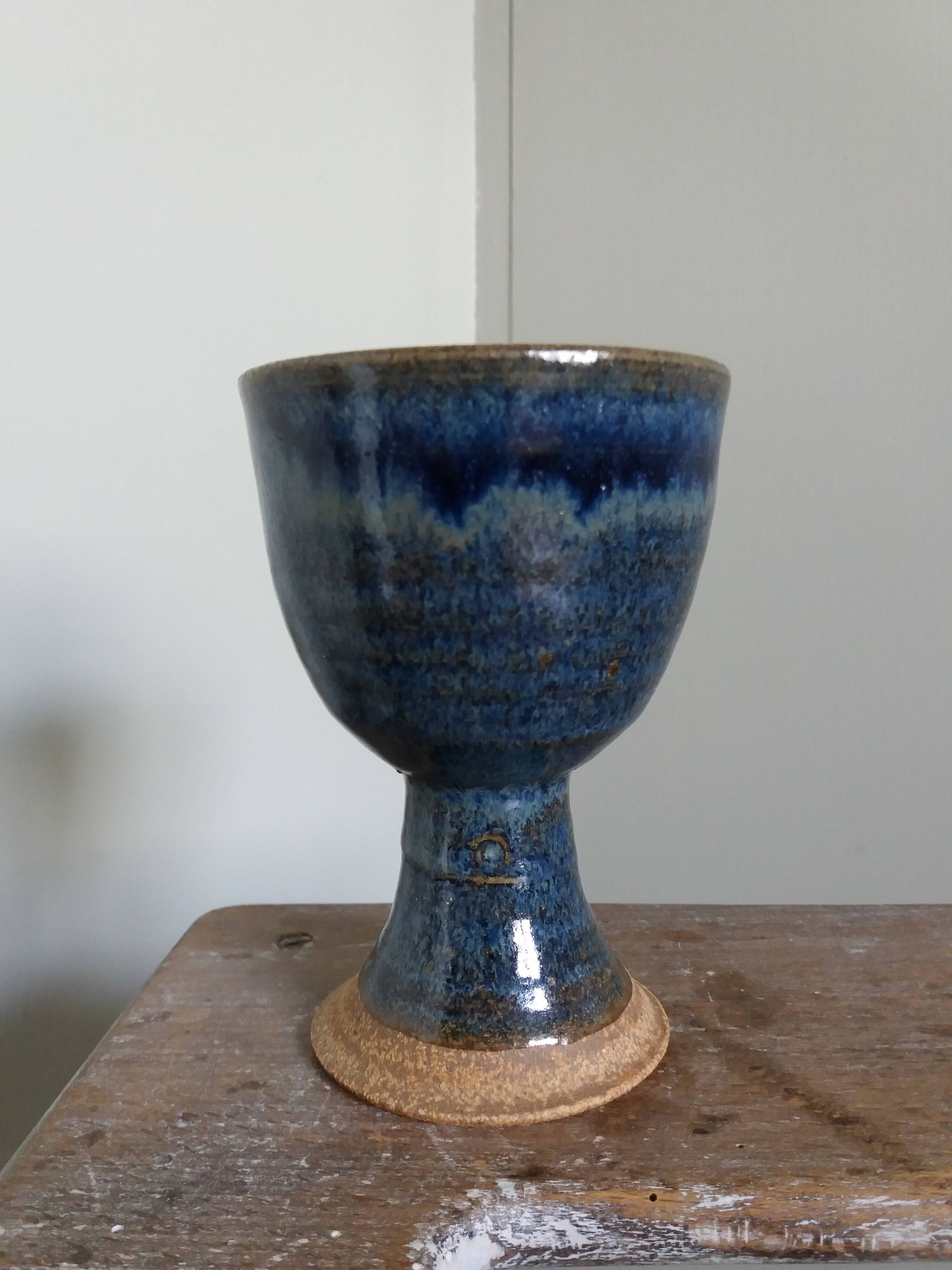 Chalice, cup in blue-glazed stoneware