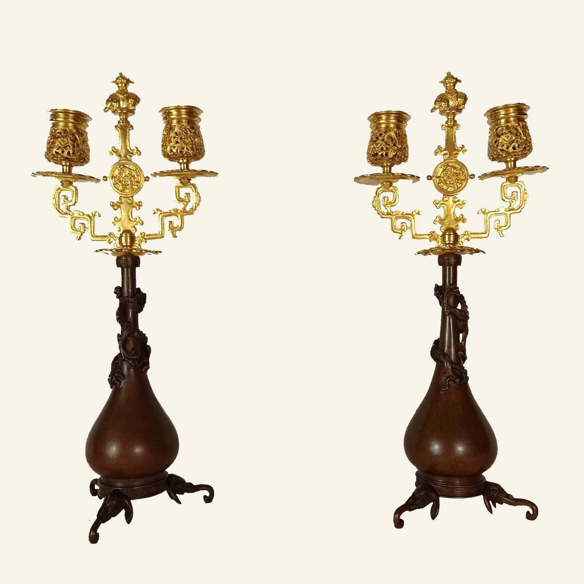 Pair of Japanese-style Candelabra by Ferdinand Barbedienne and Edouard Lievre.