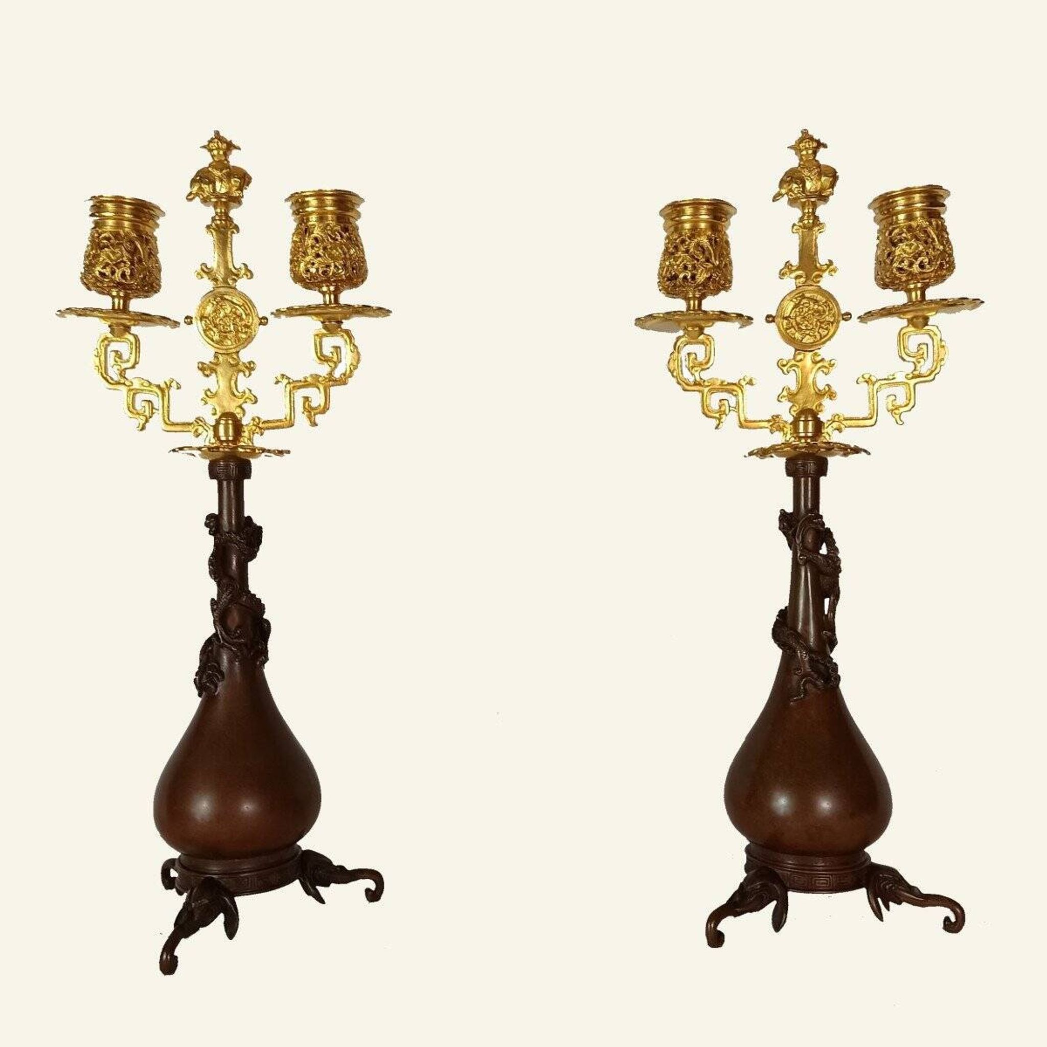 Pair of Japanese-style Candelabra by Ferdinand Barbedienne and Edouard Lievre.